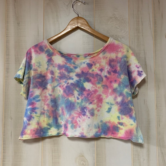 Tie Dye Crop Top Pastel Dolman Short Sleeve S/M - Picture 2 of 5
